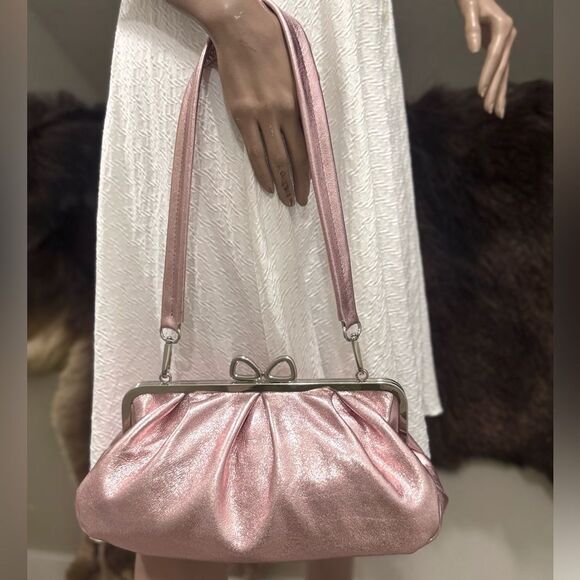 Pearlescent Pink Lambskin Handmade “Bow” Shaped Kisslock Slouchy Bag, Multi Use - Picture 5 of 16